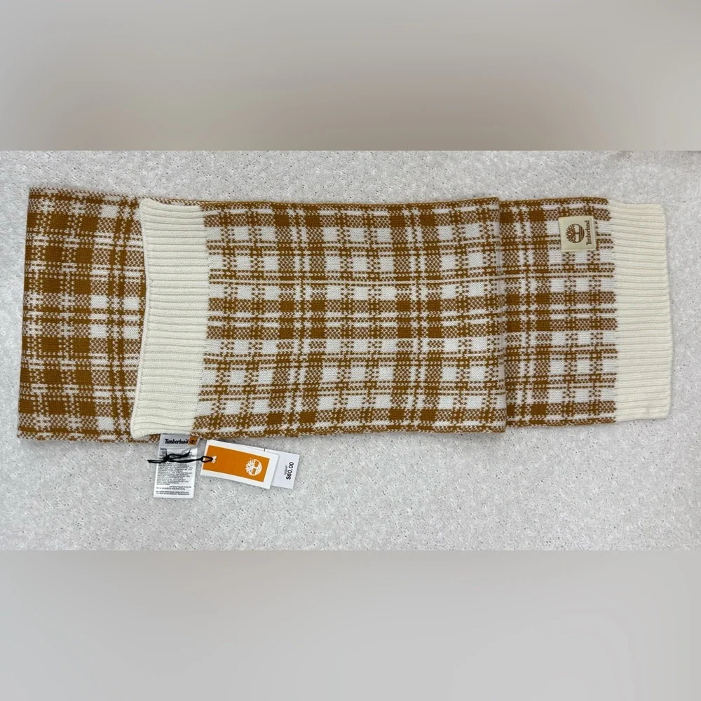 Timberland Plaid Knit Scarf Tan Cream Unisex Winter Warm Soft 10”x66” NWT
